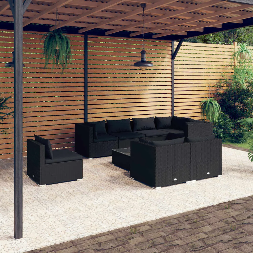 vidaXL Set Divani da Giardino 9 pz con Cuscini in Polyrattan Nero