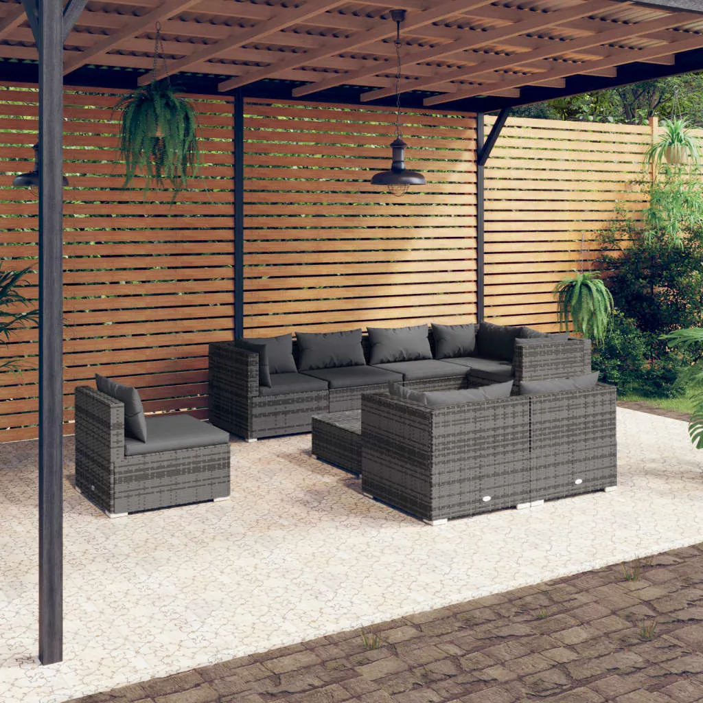 vidaXL Set Divani da Giardino 9 pz con Cuscini in Polyrattan Grigio