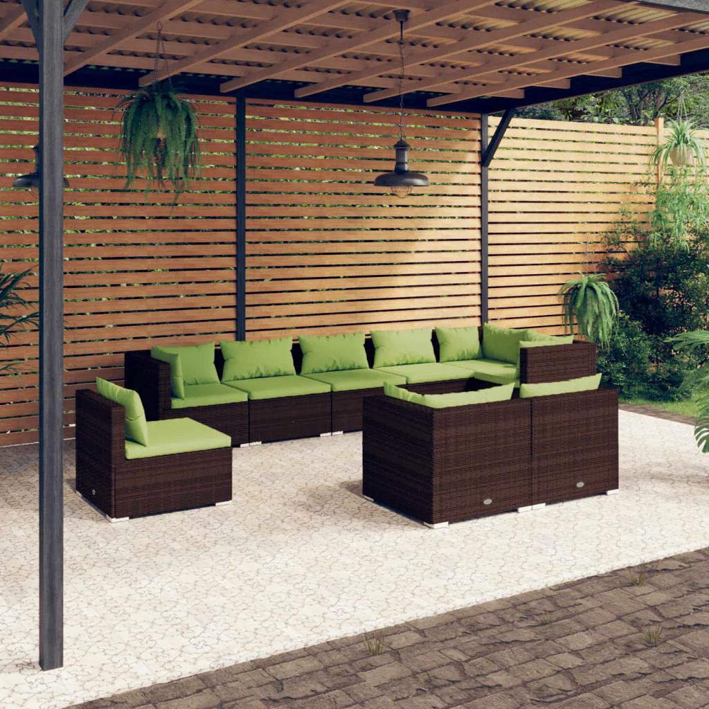 vidaXL Set Divani da Giardino 9 pz con Cuscini in Polyrattan Marrone