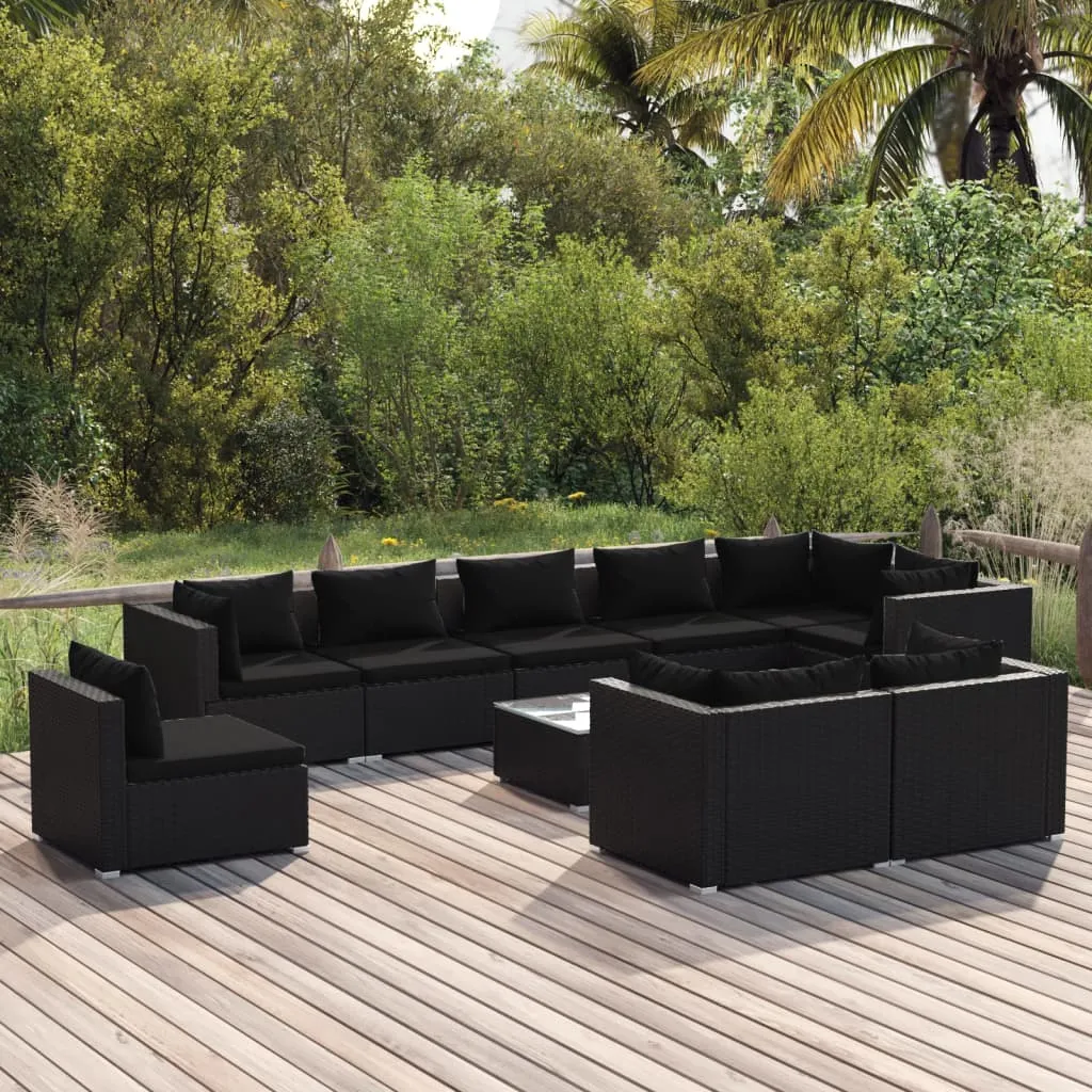 vidaXL Set Divani da Giardino 10 pz con Cuscini in Polyrattan Nero