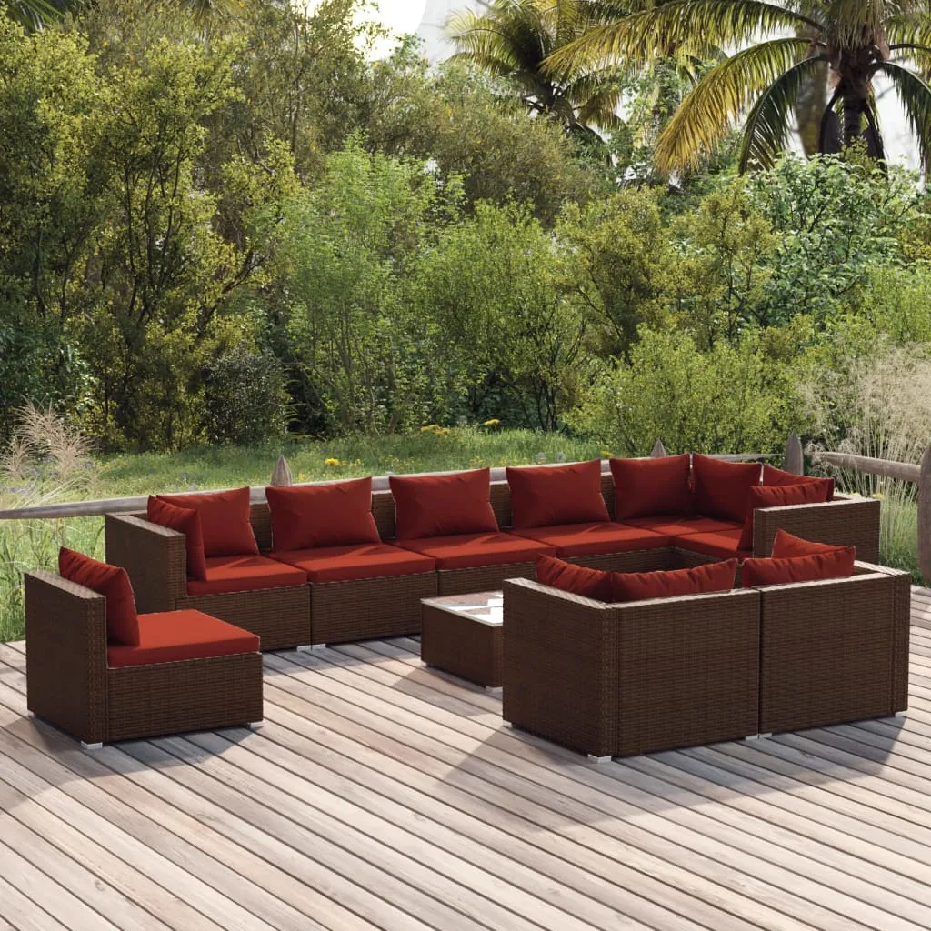 vidaXL Set Divani da Giardino 10 pz con Cuscini in Polyrattan Marrone