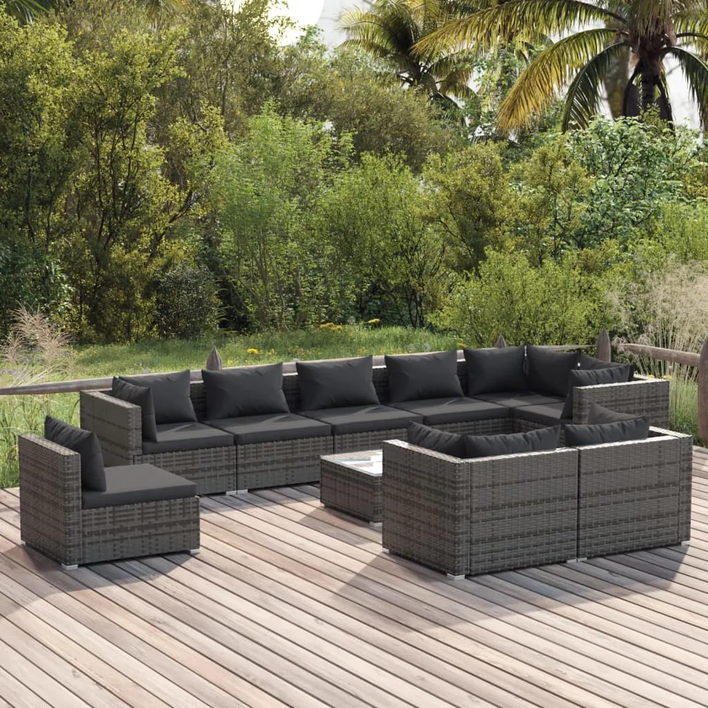 vidaXL Set Divani da Giardino 10 pz con Cuscini in Polyrattan Grigio