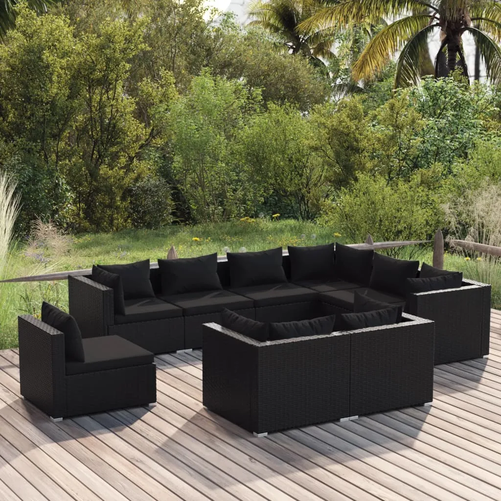 vidaXL Set Divani da Giardino 9 pz con Cuscini in Polyrattan Nero