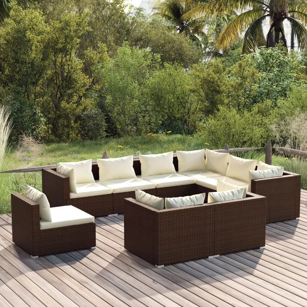 vidaXL Set Divani da Giardino 9 pz con Cuscini in Polyrattan Marrone