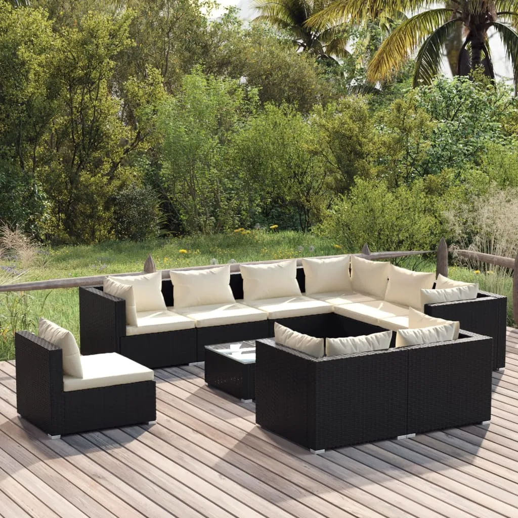 vidaXL Set Salotto da Giardino 10 pz con Cuscini in Polyrattan Nero