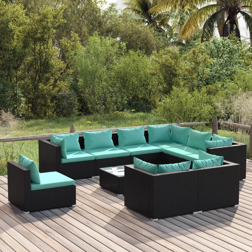 vidaXL Set Salotto da Giardino 10 pz con Cuscini in Polyrattan Nero