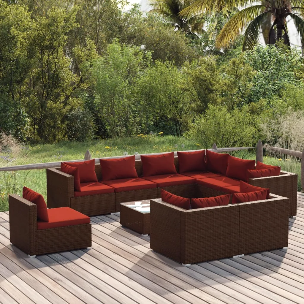 vidaXL Set Divani da Giardino 10 pz con Cuscini in Polyrattan Marrone