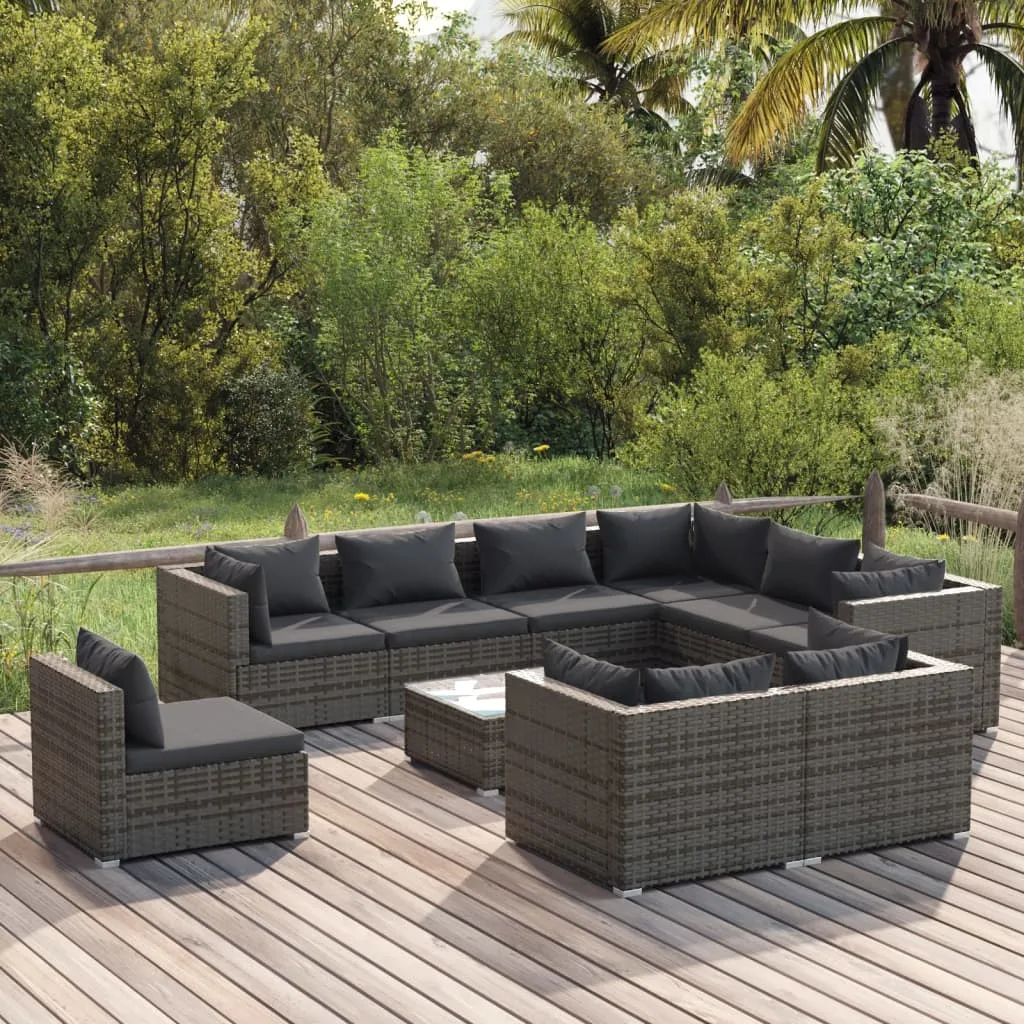 vidaXL Set Divani da Giardino 10 pz con Cuscini in Polyrattan Grigio