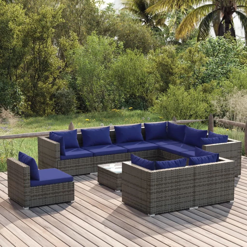 vidaXL Set Divani da Giardino 10 pz con Cuscini in Polyrattan Grigio