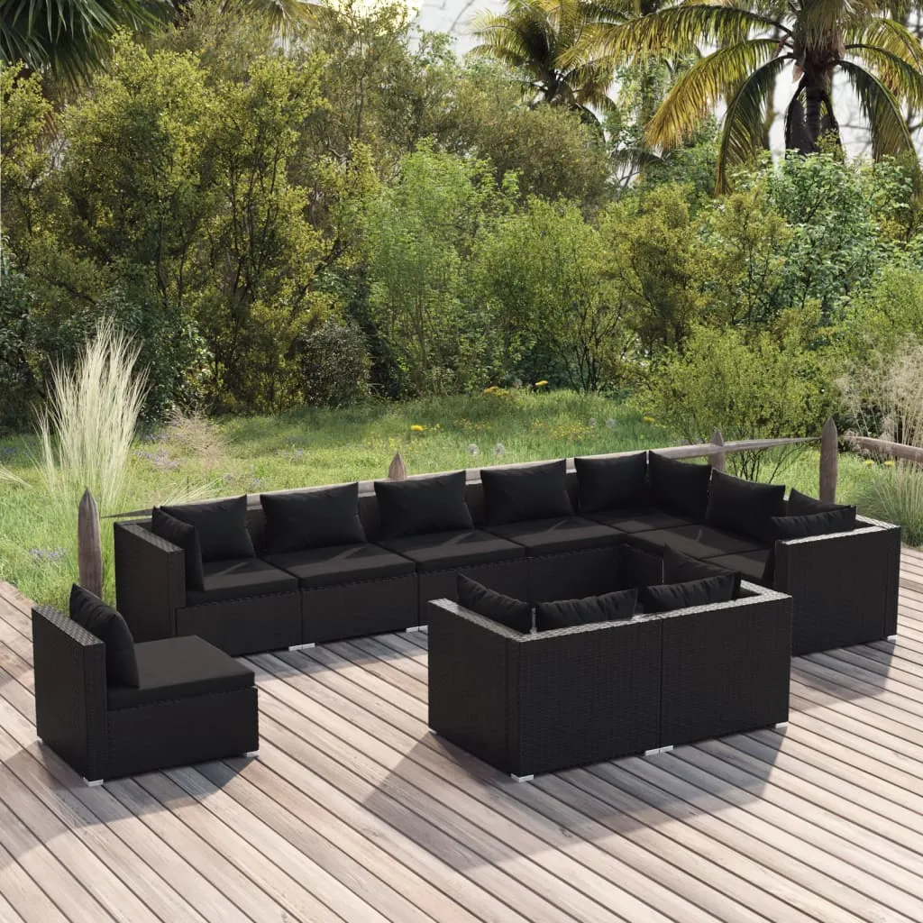 vidaXL Set Divani da Giardino 10 pz con Cuscini in Polyrattan Nero