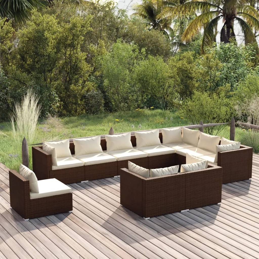 vidaXL Set Mobili da Giardino 10 pz con Cuscini in Polyrattan Marrone