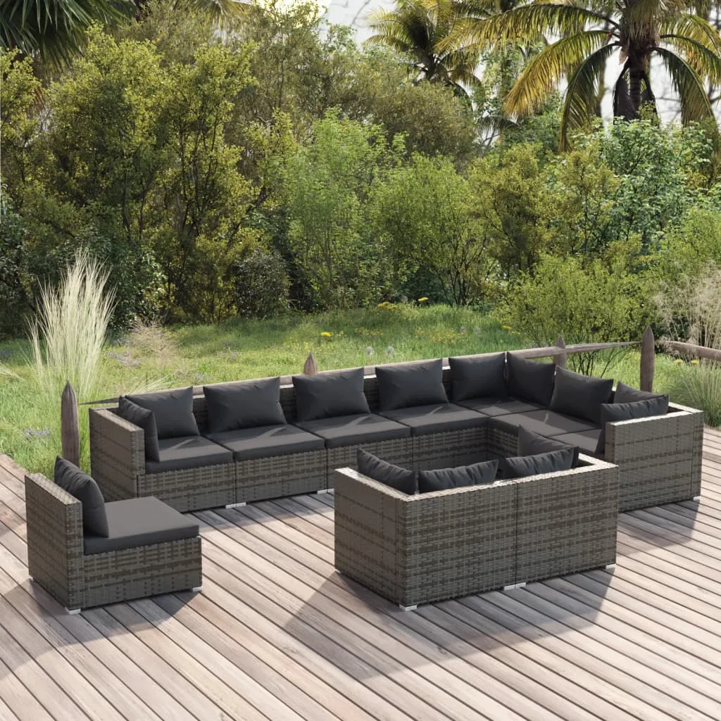 vidaXL Set Divani da Giardino 10 pz con Cuscini in Polyrattan Grigio