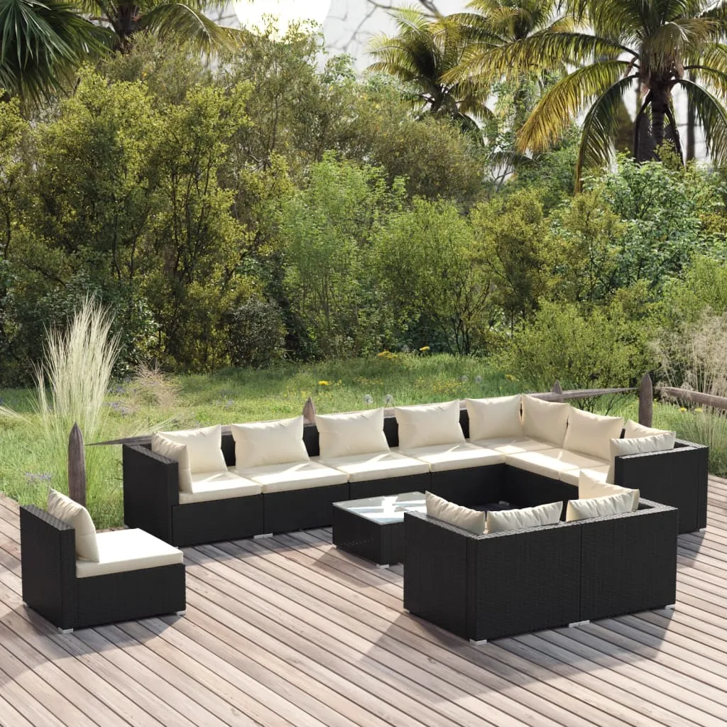 vidaXL Set Divani da Giardino 11 pz con Cuscini in Polyrattan Nero