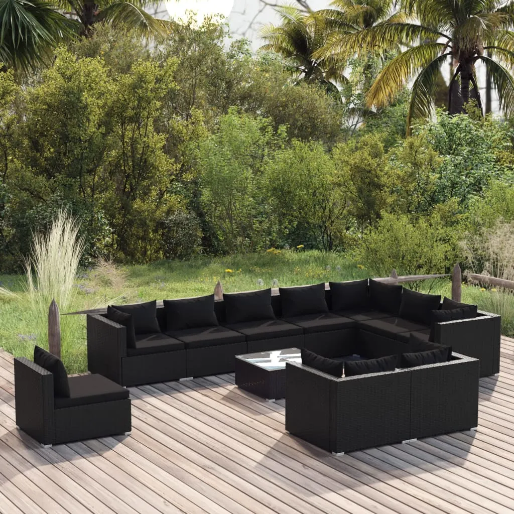 vidaXL Set Divani da Giardino 11 pz con Cuscini in Polyrattan Nero