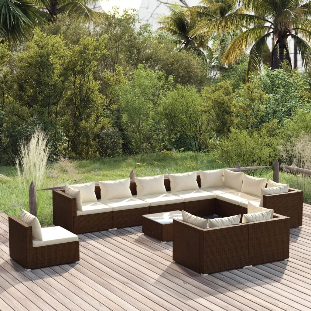 vidaXL Set Divani da Giardino 11 pz con Cuscini in Polyrattan Marrone