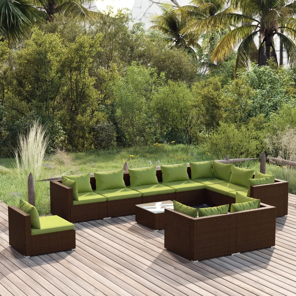 vidaXL Set Divani da Giardino 11 pz con Cuscini in Polyrattan Marrone