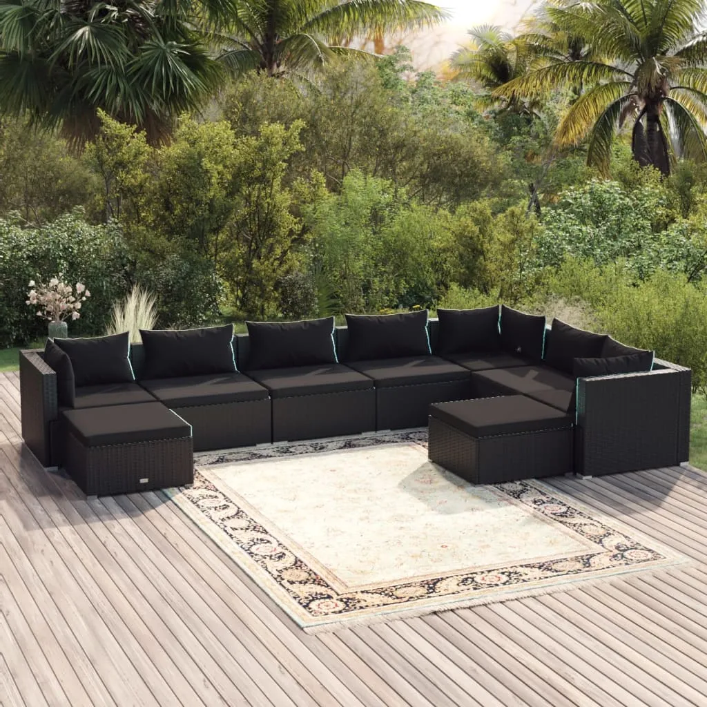 vidaXL Set Divani da Giardino 9 pz con Cuscini in Polyrattan Nero