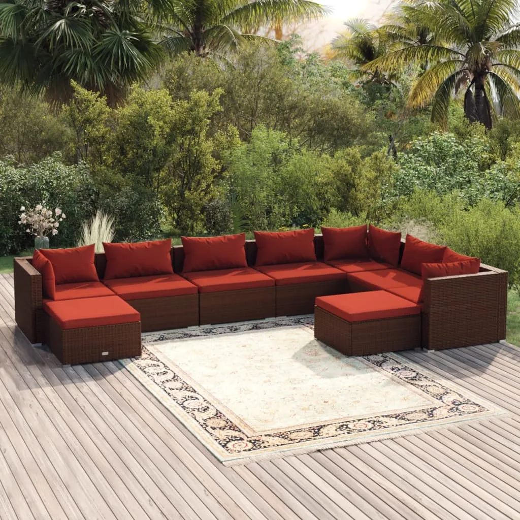 vidaXL Set Divani da Giardino 9 pz con Cuscini in Polyrattan Marrone