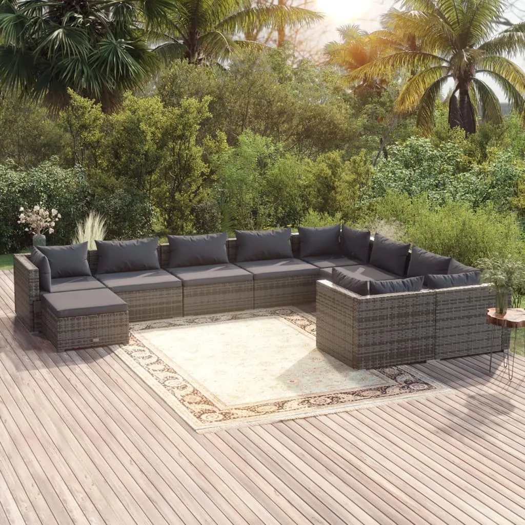 vidaXL Set Divani da Giardino 10 pz con Cuscini in Polyrattan Grigio