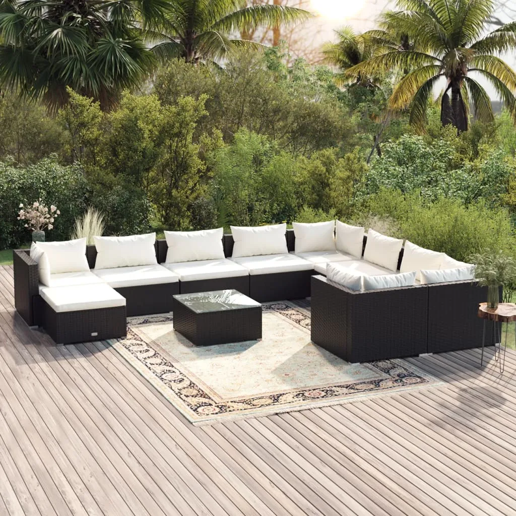 vidaXL Set Divani da Giardino 11 pz con Cuscini in Polyrattan Nero