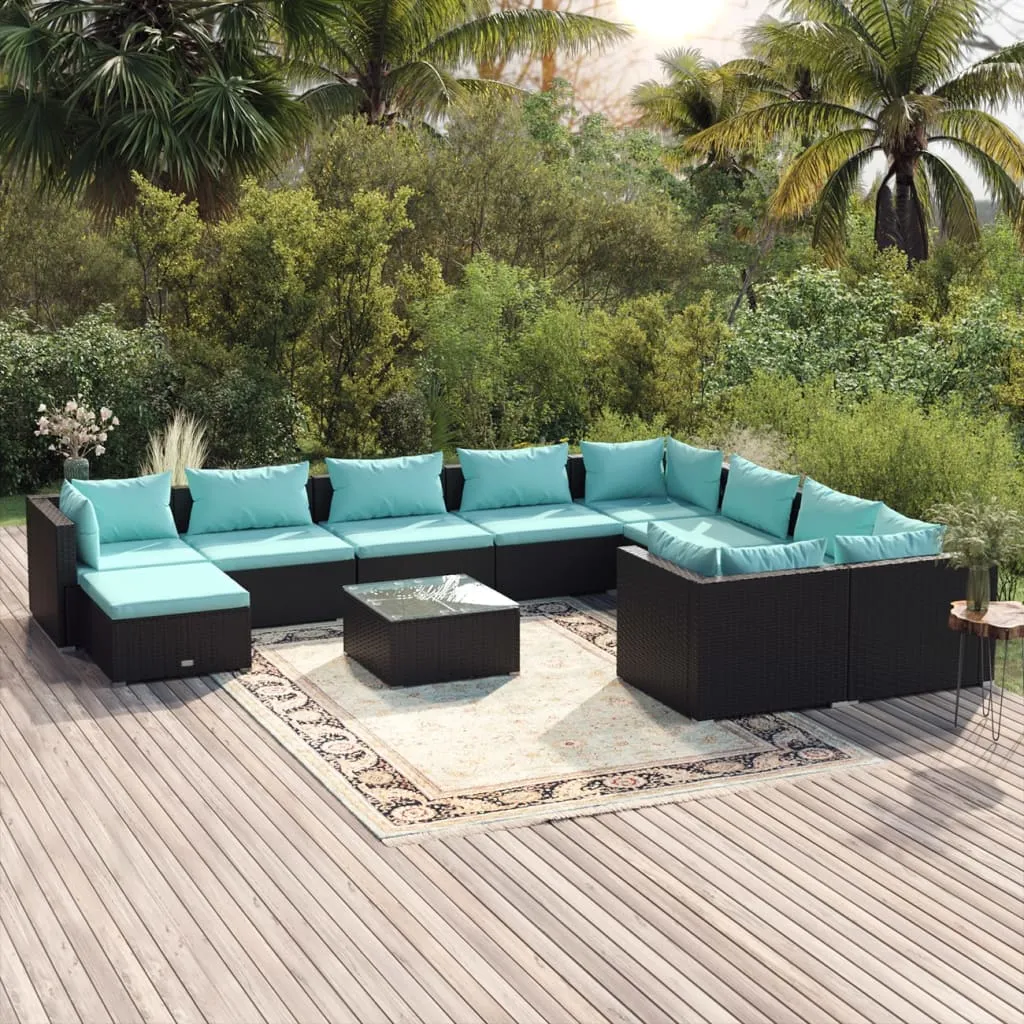 vidaXL Set Divani da Giardino 11 pz con Cuscini in Polyrattan Nero