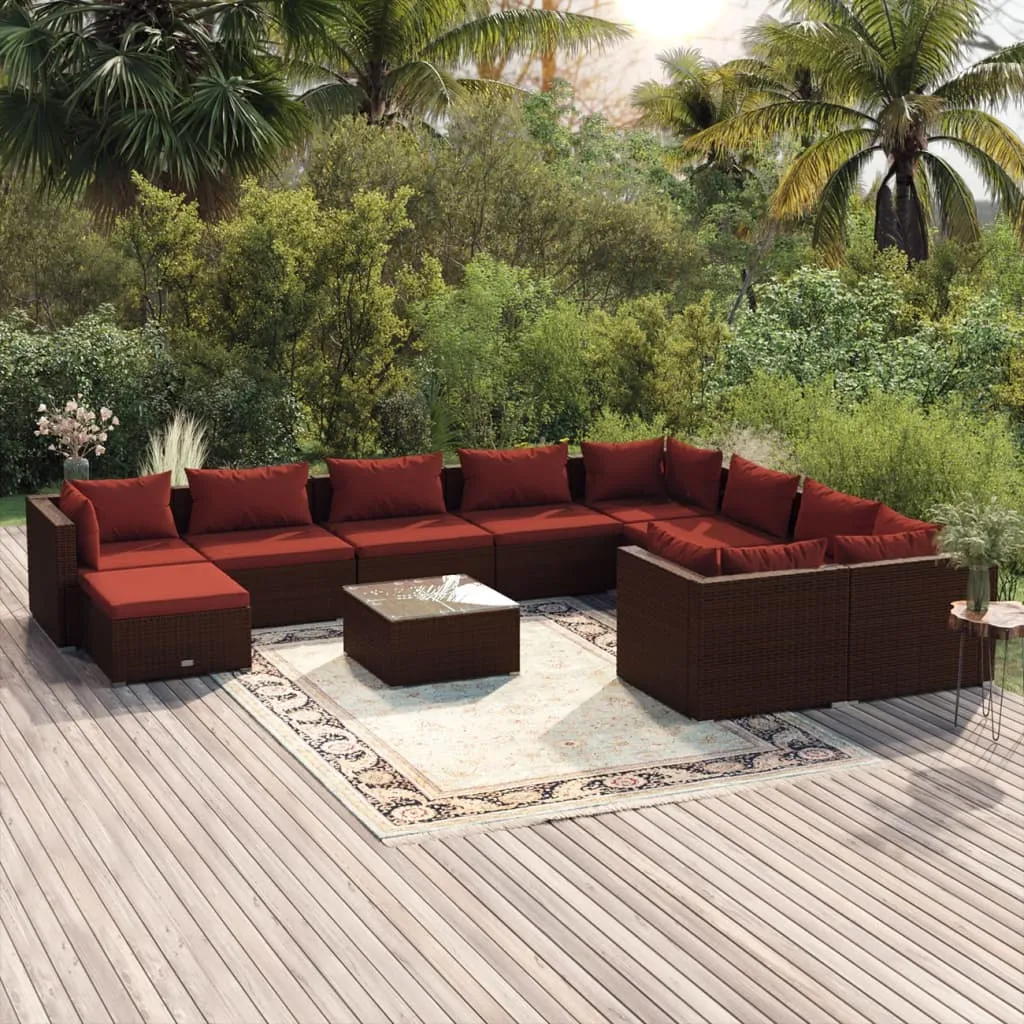 vidaXL Set Divani da Giardino 11 pz con Cuscini in Polyrattan Marrone