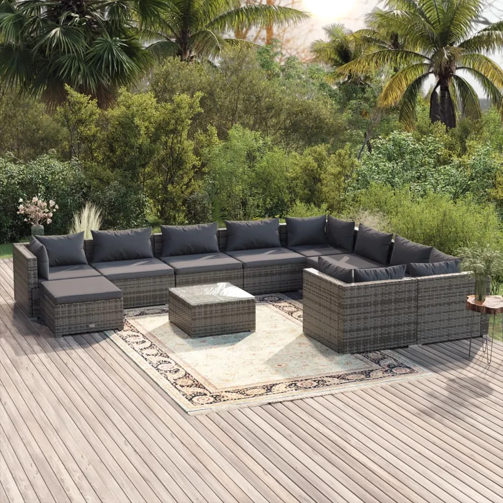 vidaXL Set Divani da Giardino 11 pz con Cuscini in Polyrattan Grigio