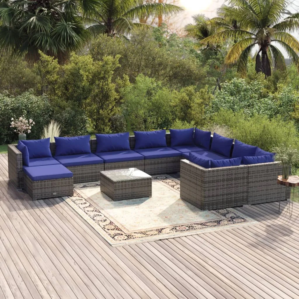 vidaXL Set Divani da Giardino 11 pz con Cuscini in Polyrattan Grigio