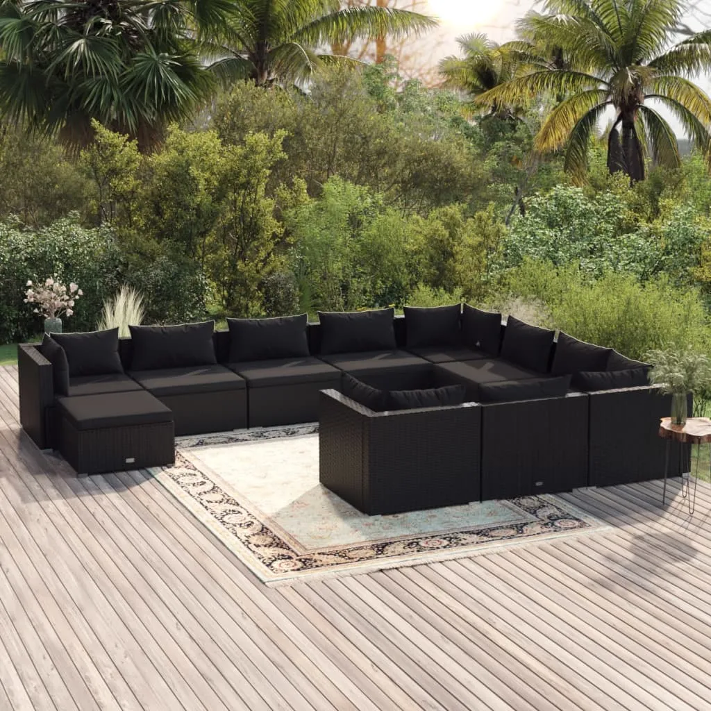 vidaXL Set Divani da Giardino 11 pz con Cuscini in Polyrattan Nero