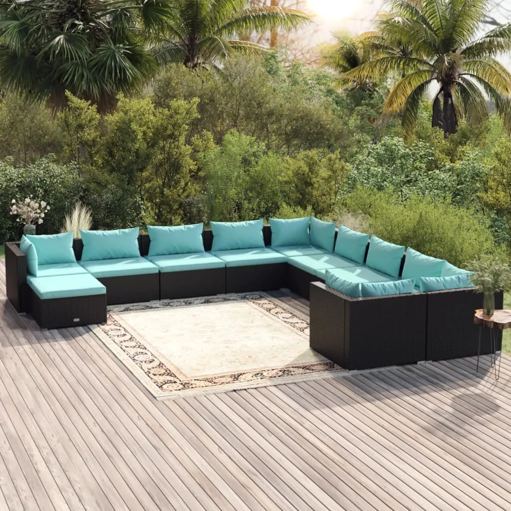 vidaXL Set Divani da Giardino 11 pz con Cuscini in Polyrattan Nero