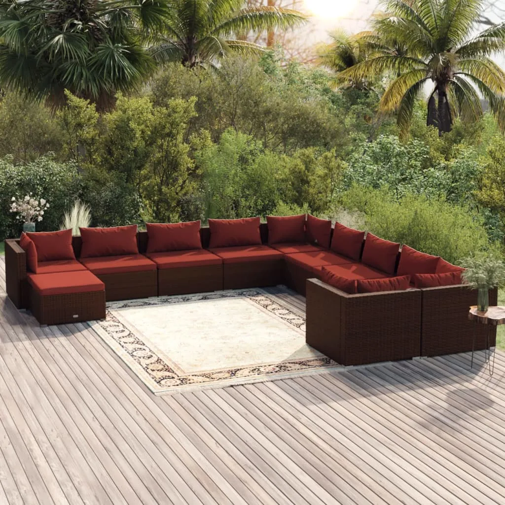 vidaXL Set Divani da Giardino 11 pz con Cuscini in Polyrattan Marrone