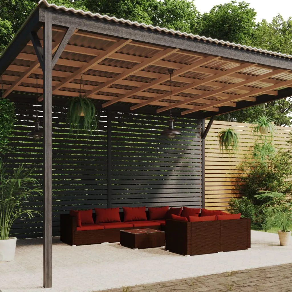 vidaXL Set Divani da Giardino 9 pz con Cuscini in Polyrattan Marrone