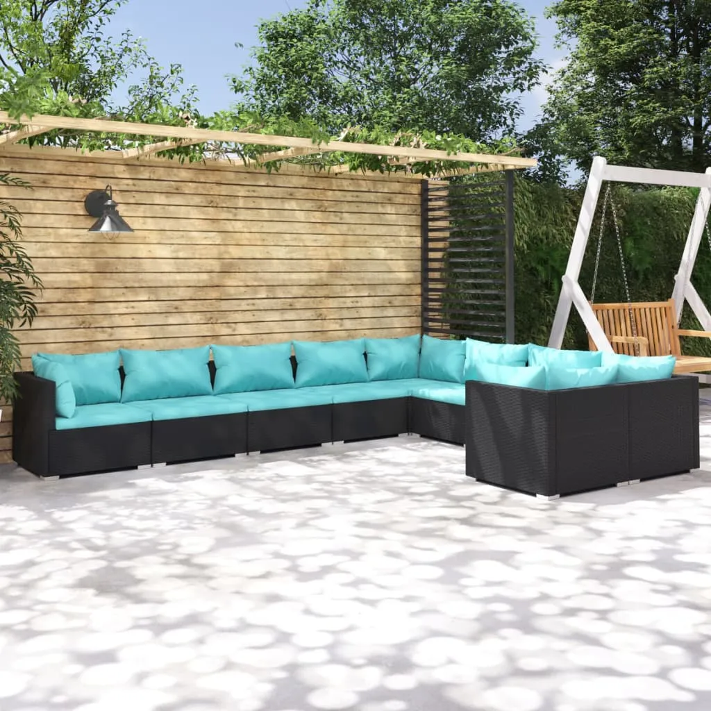 vidaXL Set Divani da Giardino 9 pz con Cuscini in Polyrattan Nero