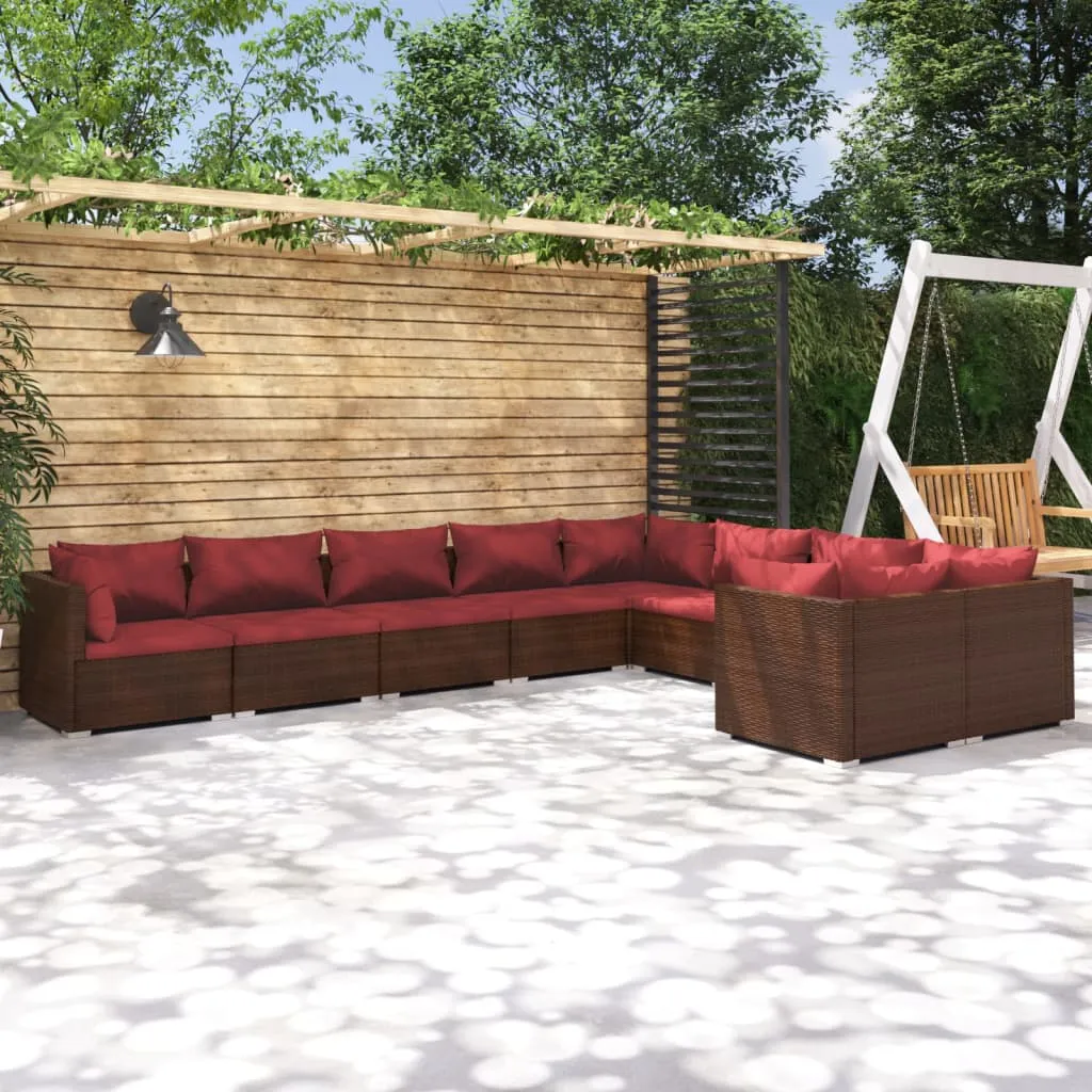 vidaXL Set Divani da Giardino 9 pz con Cuscini in Polyrattan Marrone