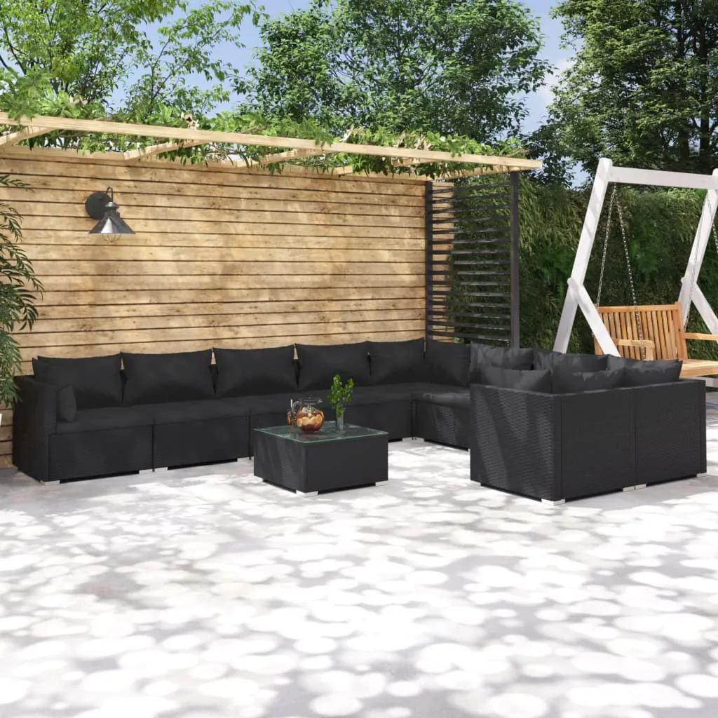 vidaXL Set Divani da Giardino 10 pz con Cuscini in Polyrattan Nero