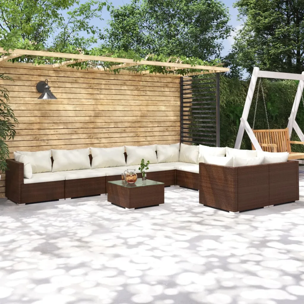 vidaXL Set Divani da Giardino 10 pz con Cuscini in Polyrattan Marrone