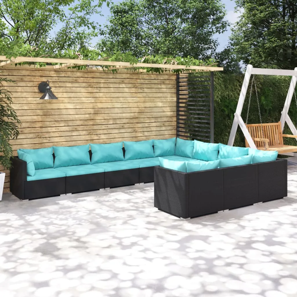 vidaXL Set Divani da Giardino 10 pz con Cuscini in Polyrattan Nero