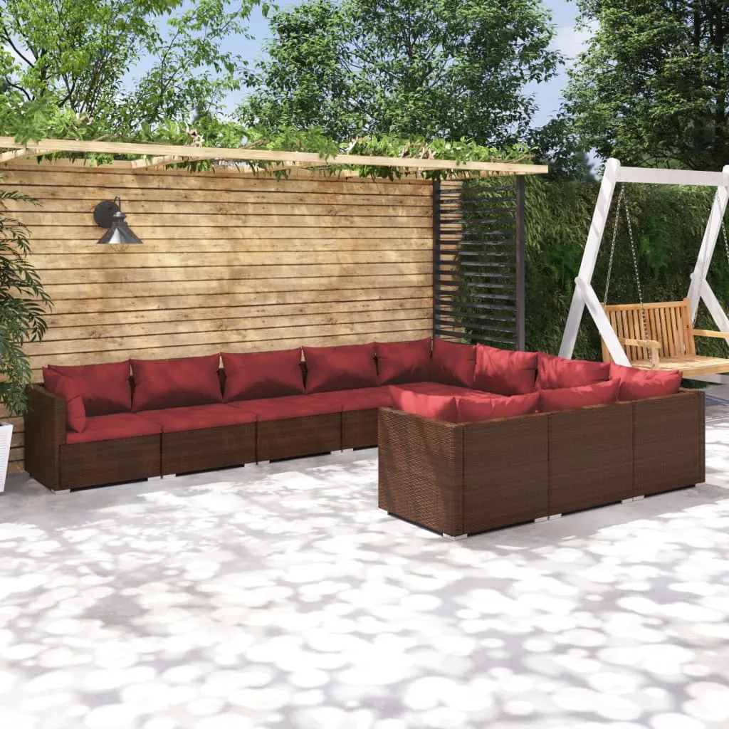 vidaXL Set Divani da Giardino 10 pz con Cuscini in Polyrattan Marrone