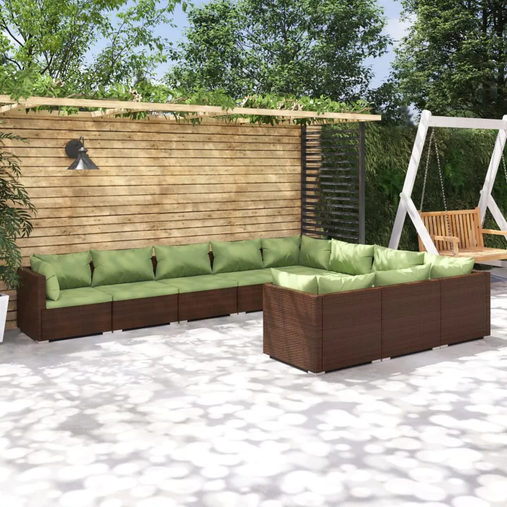 vidaXL Set Divani da Giardino 10 pz con Cuscini in Polyrattan Marrone