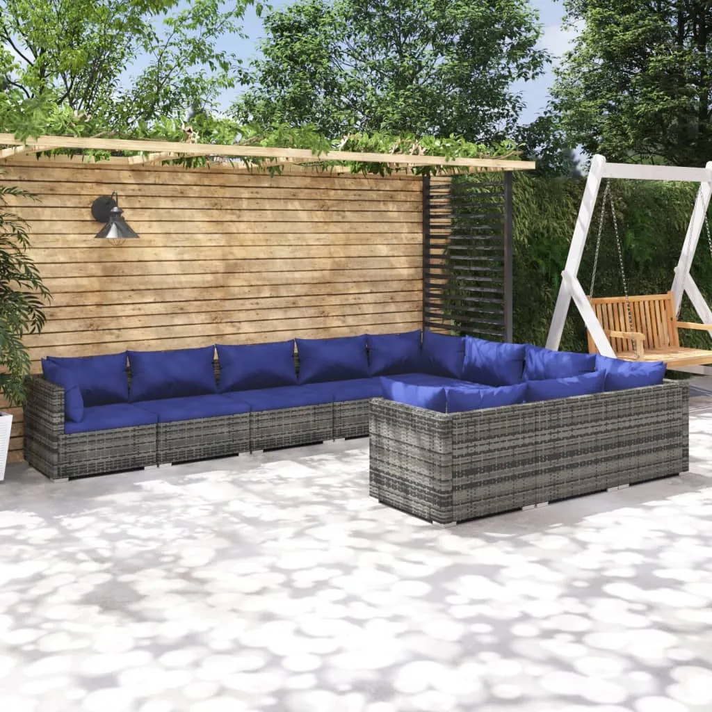 vidaXL Set Divani da Giardino 10 pz con Cuscini in Polyrattan Grigio