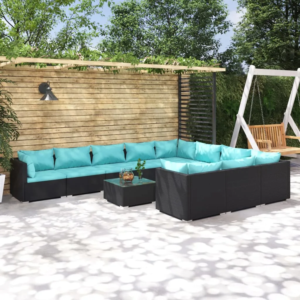 vidaXL Set Divani da Giardino 11 pz con Cuscini in Polyrattan Nero