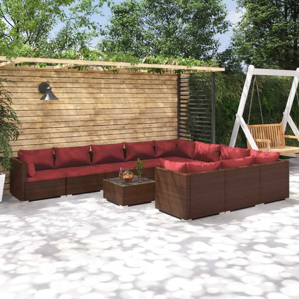 vidaXL Set Divani da Giardino 11 pz con Cuscini in Polyrattan Marrone