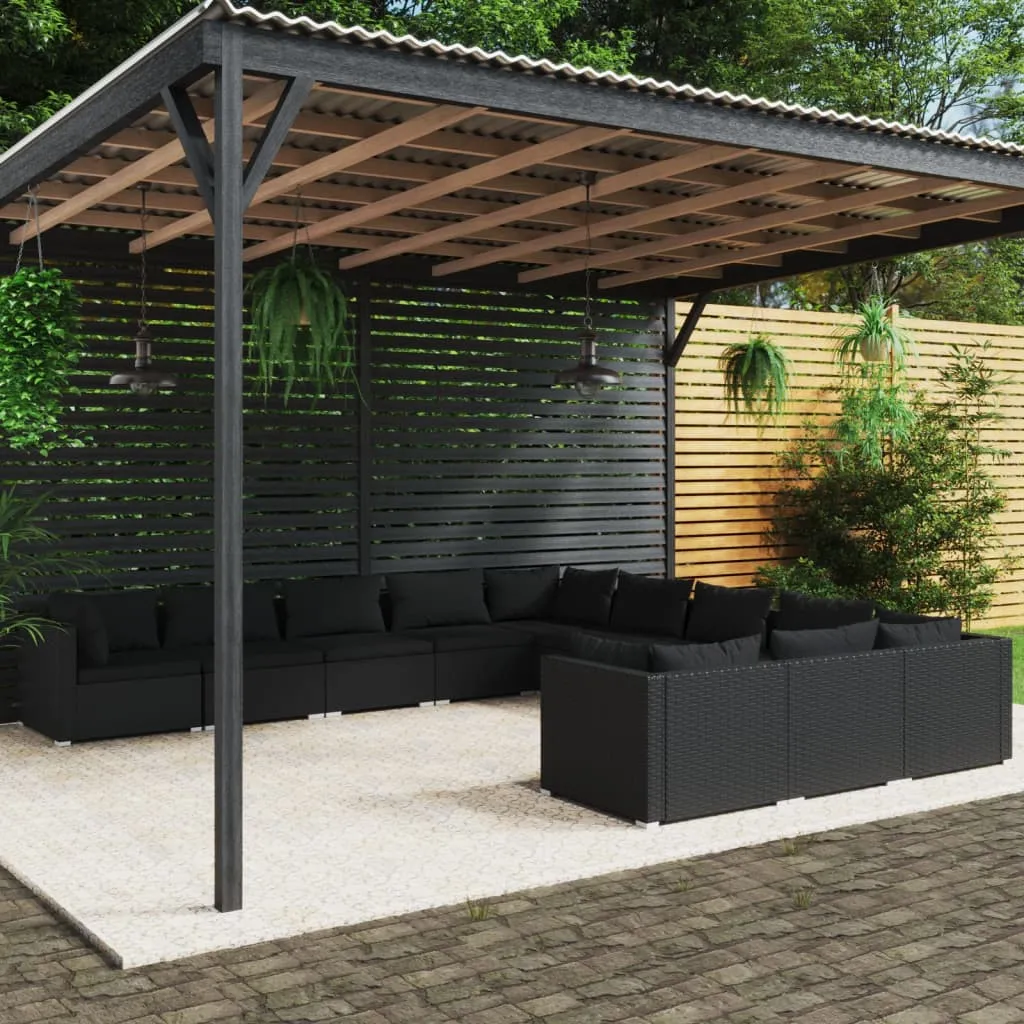 vidaXL Set Divani da Giardino 11 pz con Cuscini in Polyrattan Nero