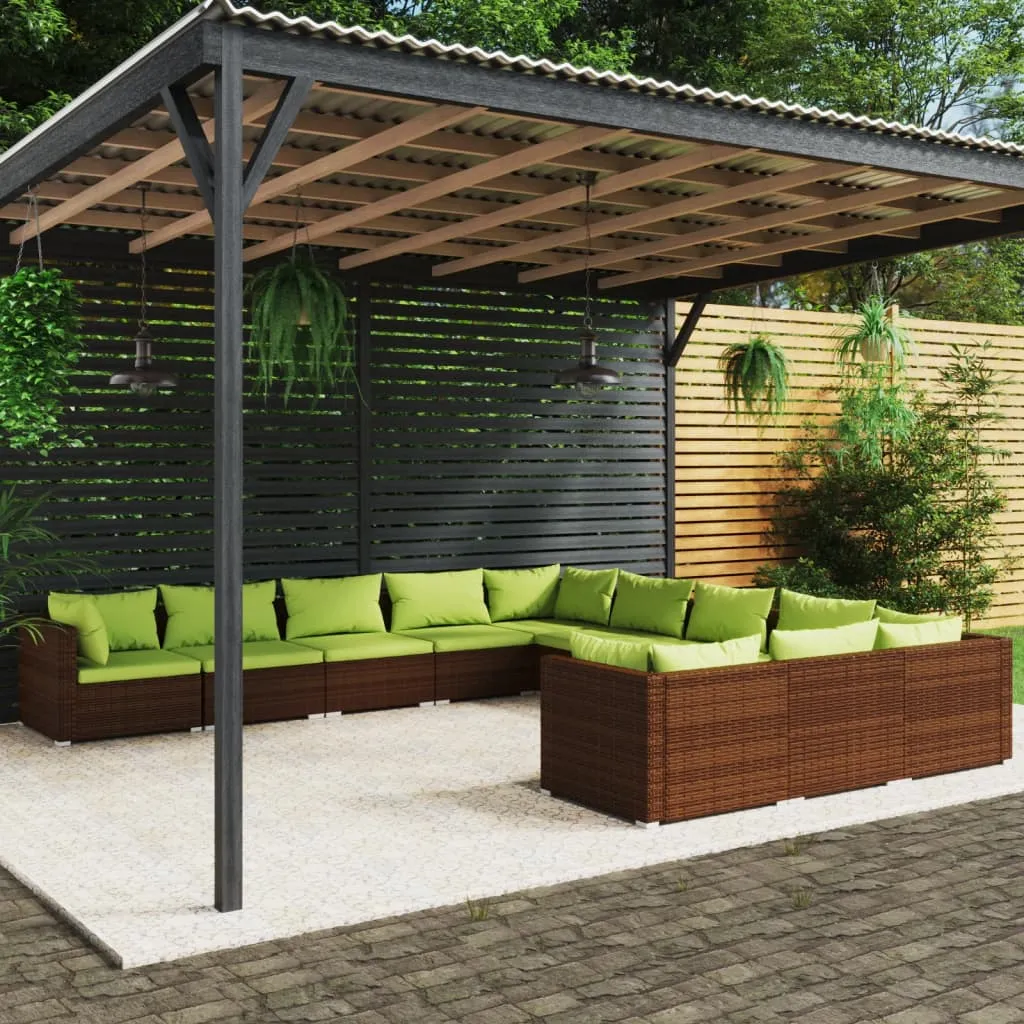 vidaXL Set Divani da Giardino 11 pz con Cuscini in Polyrattan Marrone