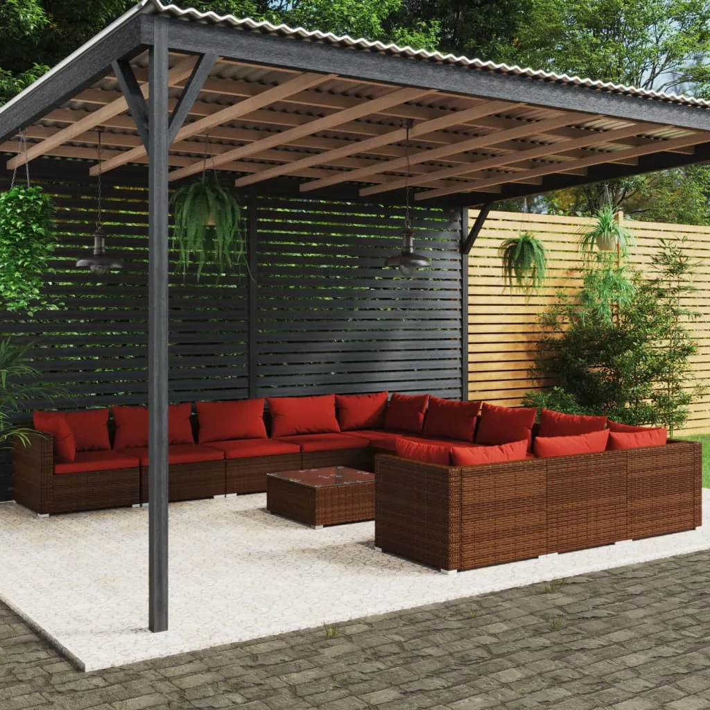 vidaXL Set Divani da Giardino 12 pz con Cuscini in Polyrattan Marrone