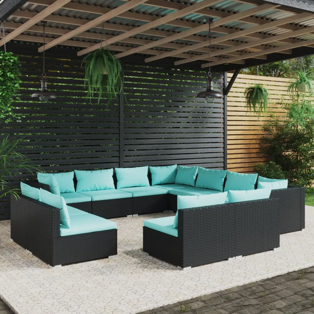 vidaXL Set Divani da Giardino 11 pz con Cuscini in Polyrattan Nero