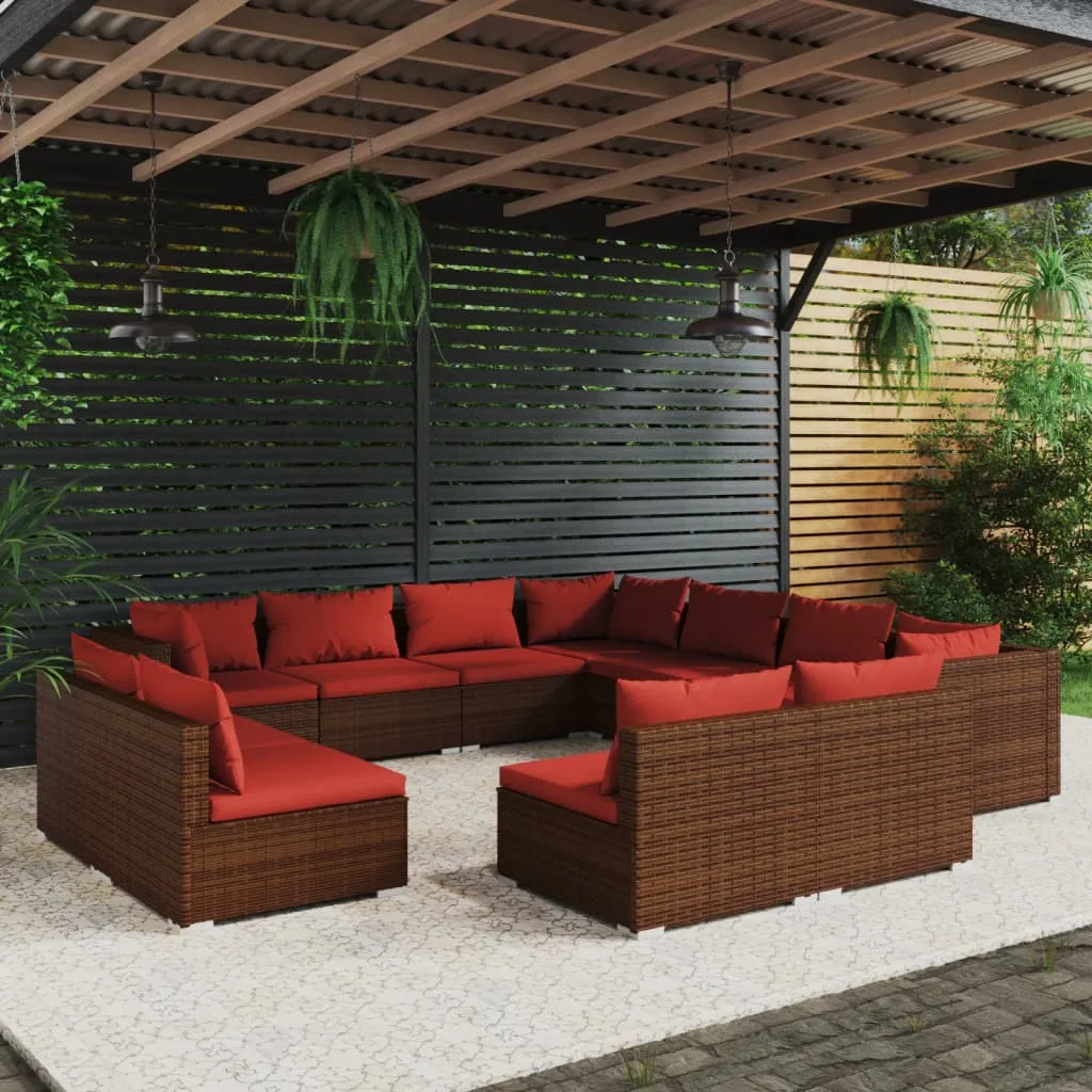 vidaXL Set Divani da Giardino 11 pz con Cuscini in Polyrattan Marrone