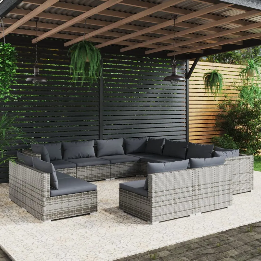 vidaXL Set Divani da Giardino 11 pz con Cuscini in Polyrattan Grigio