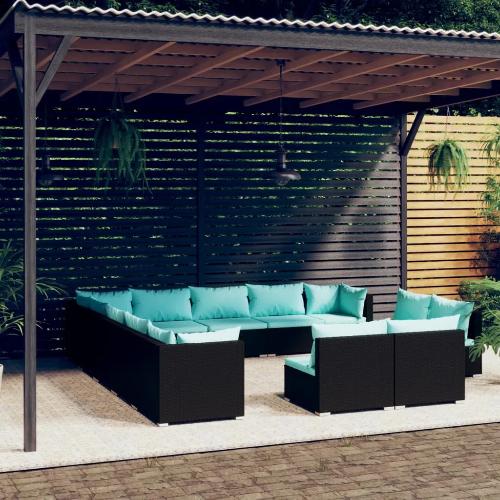 vidaXL Set Divani da Giardino 13 pz con Cuscini in Polyrattan Nero