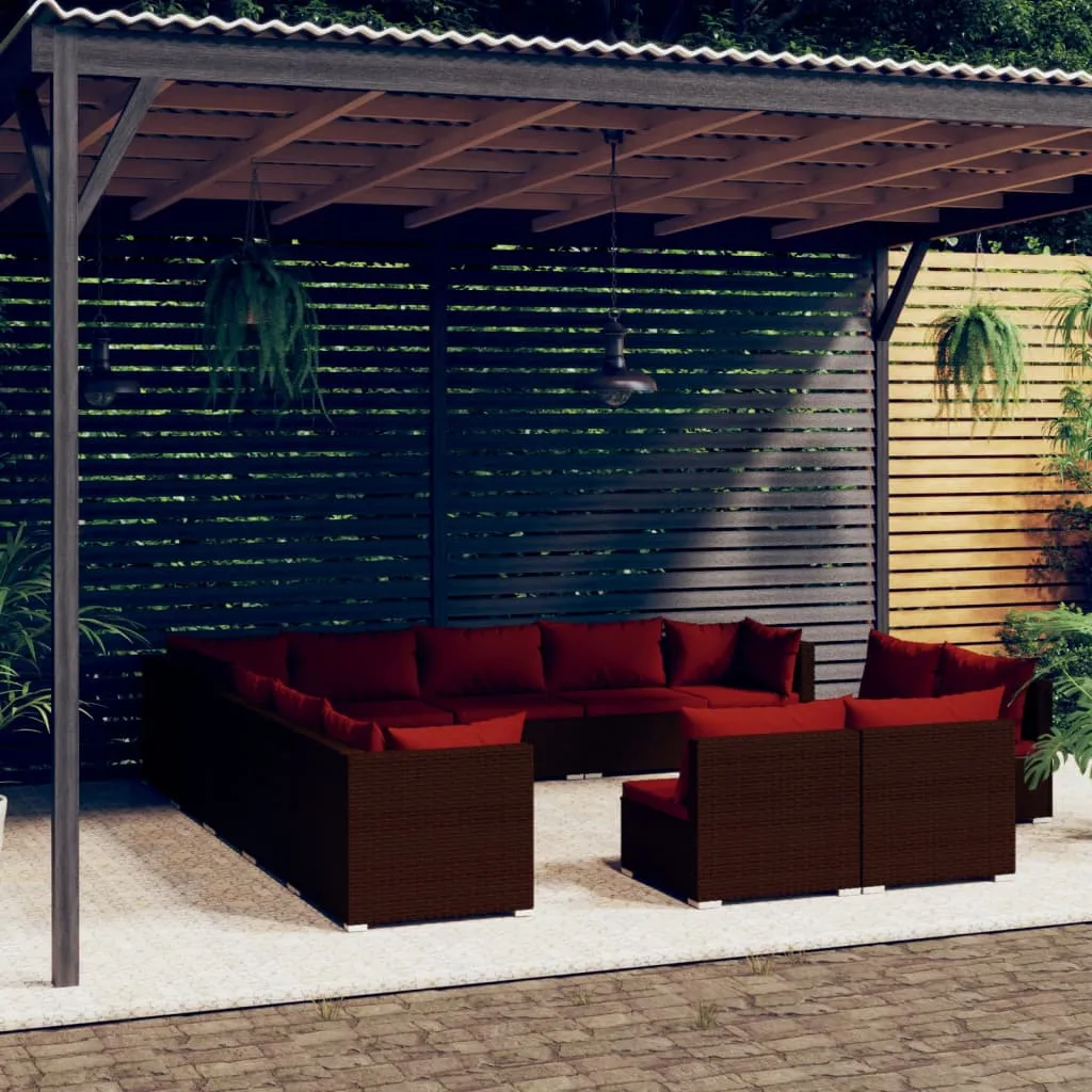 vidaXL Set Divani da Giardino 13 pz con Cuscini in Polyrattan Marrone